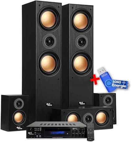 Evidence Acoustics Ensemble Home-Cinéma EA950-PG - 5 Enceintes 850W - Ampli 5.1 USB BT FM - 4 x75W, 3 x20W+ Clé USB 32G