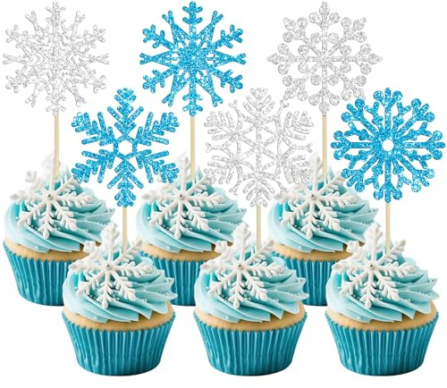24Pcs Snowflake Cupcake Toppers Blue Silver Glitter Winter Snowflake Cupcake Picks Frozen Cake Toppers for Baby Shower Kids Birthday Christmas Party Cake Decorations Supplies