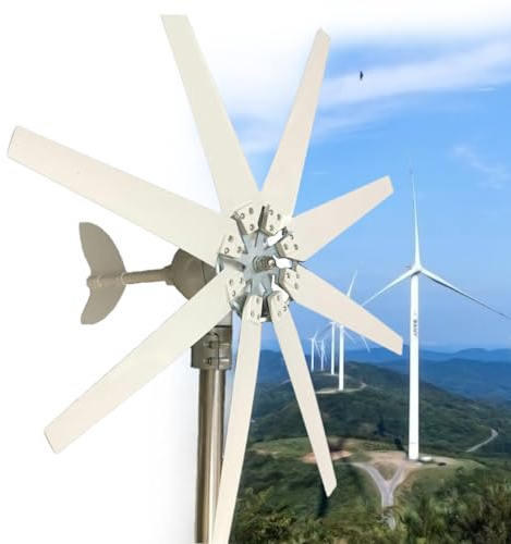 Generador de Turbina Eólica 12V/24V/48V 12000W Aerogenerador Horizontal 8 Cuchillas Velocidad Nominal 13m/s, Kit Resistente y Durable con Controlador de Carga MPPT para Hogar, Chalets,24V