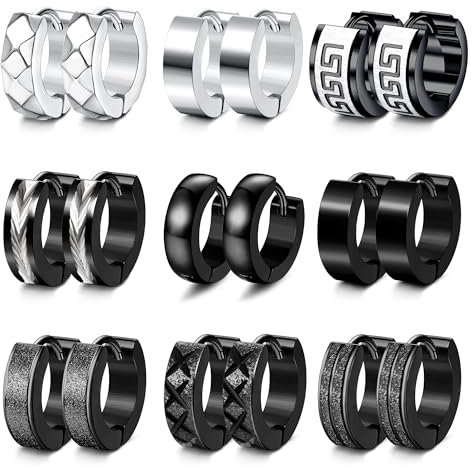 JeweBella 9 Paar Creolen Ohrringe Edelstahl Ohrringe Herren Männer Mode Punk Schwarz Silber Klein Creolen Set Huggies Knorpel Helix Piercing Ohr Schmuck