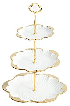Alzata per Torta Supporto for torta multistrato con manici in metallo Tavolo da dessert in ceramica Tavolo multicolore Display a cupcake Stand Pomeriggio Teiera Pasticceria Alzata per Dolci(Bianco,Thr