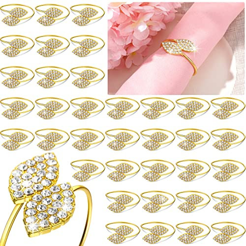 Hotop 150 Pcs Gold Napkin Rings Gold Table Decorations, Elegant Bling Leaves Napkin Rings, Rhinestone Guest Towels Buckle for Holiday Gather Party, Wedding Dinner Banquet Table Decoration