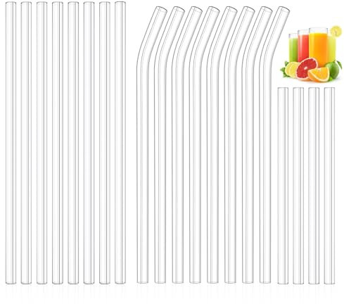 Kiemeu 20 Stücke Glasstrohhalme spülmaschinenfest, Φ8 mm dünne Trinkhalme wiederverwendbar, Familienpackung