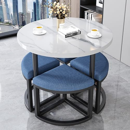 FQWYNMZ Runder Konferenztisch, Büro-Empfangszimmer-Clubtisch- und Stuhlkombination, 5-teiliges Esszimmerset, Kleines Kaffee-Esstisch- und Stuhlset für 4 Personen, Freizeittisch- und Stuhlset(Blue)