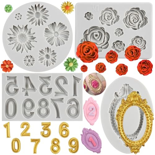 MYPRACS Rose Daisy Flower Silicone Moulds Photo Frame Fondant Mould Number Chocolate Mould for Flower Cake Decoration Cupcake Topper Candy Polymer Clay Gum Paste Set of 4