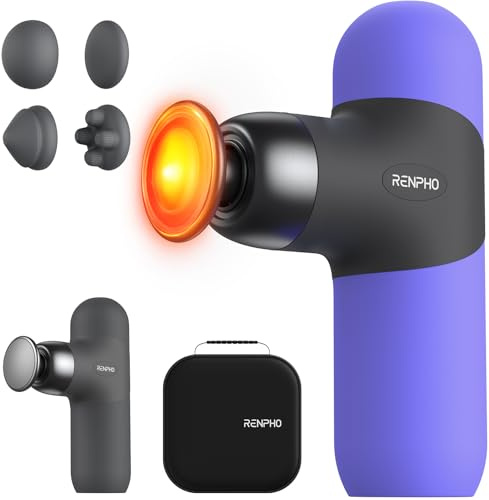 RENPHO Mini Thermal Massage Gun with Heat, Portable Fashion Deep Tissue Percussion Massager, 4 Intensities, 4 Heads, Travel Size with Carry Case, for Athletes, Purple