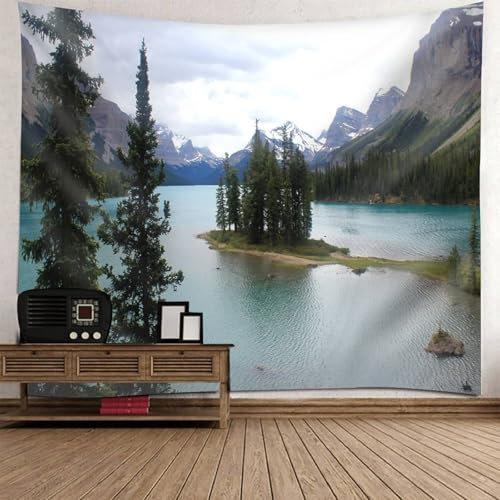 Mesnt Wandteppich Berg, 350x256cm Baum-, Fluss- und Berglandschaft Tapisserie Wandbehang Wanddekoration für Schlafzimmer Wohnzimmer | Grün