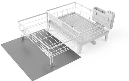 SONGMICS Dish Drying Rack, Dish Drainer for Kitchen Counter, 360° Rotatable and Extendable Spout, Drainboard, with Cutlery Holder, 31-56 x 42 x 20 cm, Matte White and Dove Grey KCS552W01