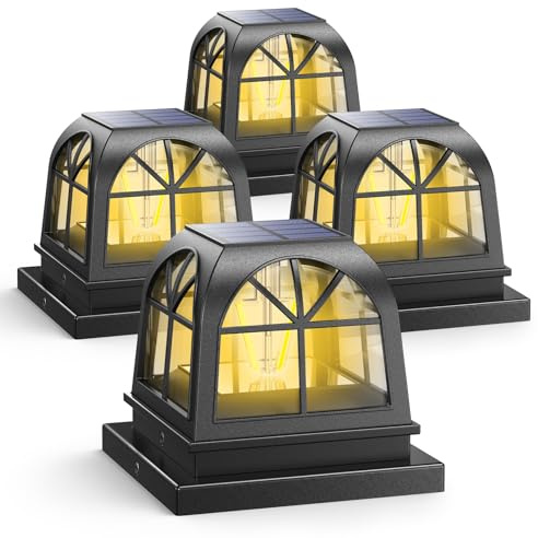 Siedinlar Solcellslampor, solljus, utomhus, trädgård, staket, lampor, vattentätt, landskap, staketlock, Edison LED-lampor för 4 x 4 5 x 5 stolpar, uteplats, svart (4-pack)
