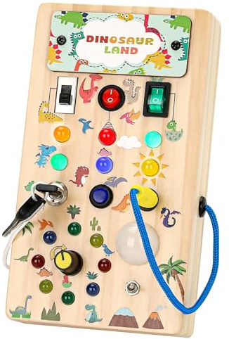 Montessori Wooden Busy Board, Toddler Sensory Toys with 8 Switches 15 LED Lights 1 Screws, Fine Motor Skills Toys Travel Toys for 1 2 3 Year Olds Educational Activities