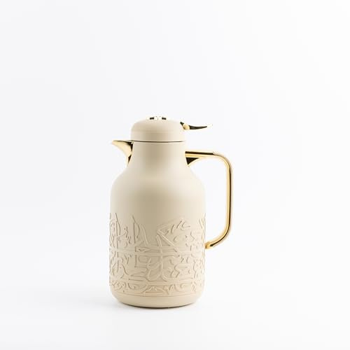 Jiwar Vacuum Flask 1 Liter Double Wall Insulation Keeps Drinks Hot or Cold Sleek Design Premium Thermos for Home Travel or Adventure By Otantik Home (Ivory & Gold)
