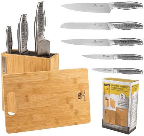 KARL HAUSMANN Messerblock Magnetisch mit Messer - 5 teilig - Magnetischer Messer Block aus Bambusholz - Messer set aus Edelstahl - Kitchen Knife Set - Küchen Messerset - Küchenmesser Block