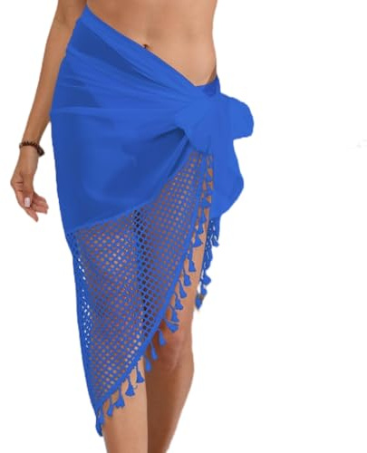 Ouruikia Sarong Pareo damer chiffong fransar strand linda bikini täcka upp urholkning multifunktionell strandkjol, blå, En Storlek