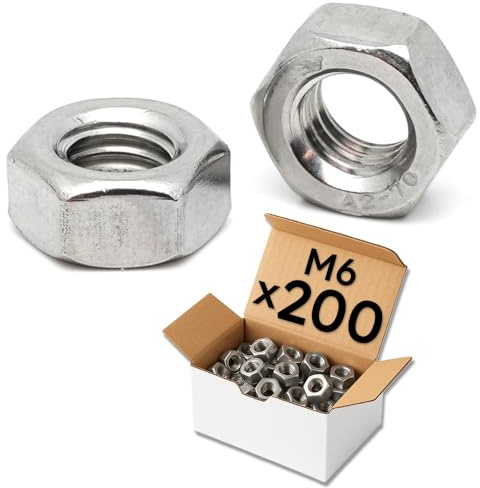 200 tuercas M6 de acero inoxidable – Tuercas hexagonales de acero inoxidable A2 para tornillos de metal, diámetro 6 mm, lote en caja, perno de rosca métrica DIN 934/ISO 4032