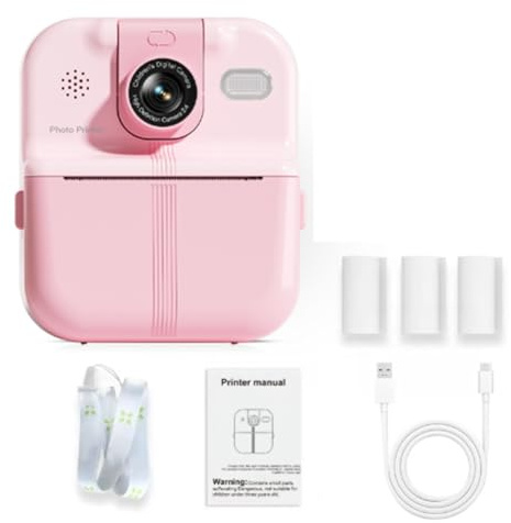 Yominerr Macchina Fotografica per Bambini Stampa Istantanea 1080P HD Fotocamera Digitale per Bambini per Regali per Ragazzi e Ragazze Giocattoli Stampa Termica Piccola Videocamera Rosa