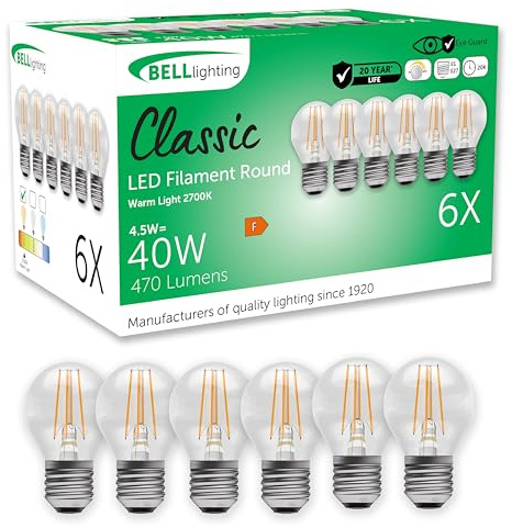 BELL Lighting E27 Dimmable LED Filament Golf Ball Bulbs Warm White 6 Pack | Dimmable E27 Edison LED filament golf ball bulbs with 2700K warm white light, 470lm brightness and 40W equivalent output.