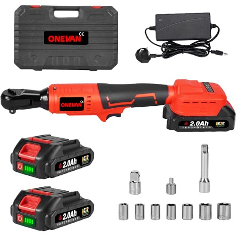 ONEVAN Cordless Wrench Electric Power Ratchet - 80 Nm Max Torque, 3/8 Drive Wrench with LED Light, Includes 8 Sockets, for Vehicle and Industrial Use (incl. 2 Batteries)