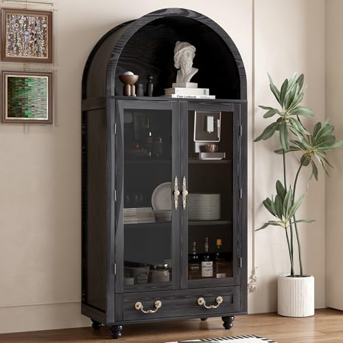 Tall Cupboards Arched Storage Cabinet with Glass Door, 180cm Tall Bookcase | 4-Tier Large Arched Wooden Sideboard with Drawers for Living Room Kitchen Bedroom Entryway, Black