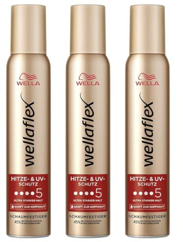 3x Wella Wellaflex Hitze- & UV-Schutz Schaumfestiger Ultra starker Halt bis zu 24h Haarschaum mit Hitzeschutz Silikonfrei und sanft zur Kopfhaut Vegane Formel Haltegrad 5, 200ml (3er Pack)
