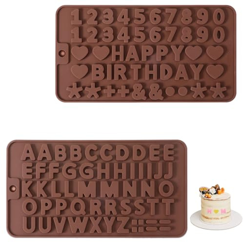 LIQWEI 2 Stück Silikon Zahlen Und Buchstaben Schokoladenform, Buchstaben A-Z Schokoladen Formen Buchstaben0-9 Schokoladenform Für Keks Kuchen Geburtstagsparty SüßIgkeiten Dekoration(Braun)
