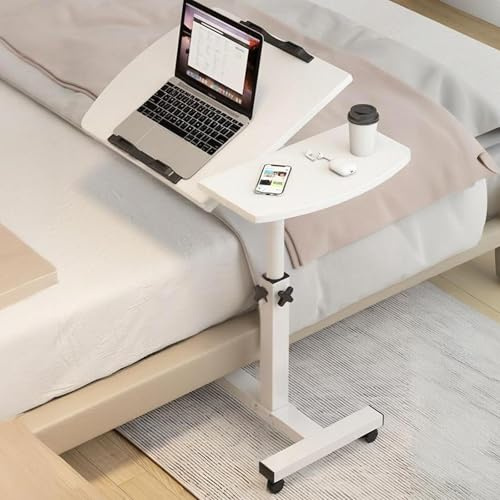 Betttisch Auf Rollen, Großer Mobiler Höhenverstellbarer Nachttisch, Laptop-Stehtisch, Computerwagen Mit Rollen, Mobiler Heimgebrauch(White)