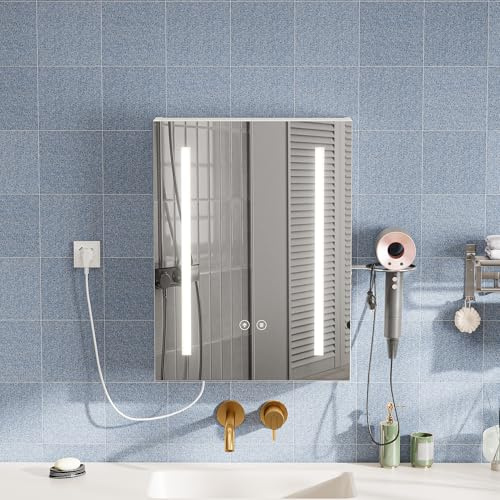 Saitedudu Badezimmer Spiegelschrank mit Beleuchtung, 40x60cm LED-Badezimmerschrank mit 3 einstellbaren Lichtfarben | Steckdosen | Touch-Schalter | Beschlagschutz