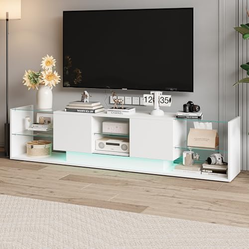 Mueble de TV LED blanco, moderno mueble de TV iluminación 24 LED RGB,mueble banco de TV bajo 200 x 35 x 45 cm con 2 cajones y estantes de cristal para salón o dormitorio (blanco)