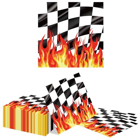 Kotkiddy 40 Motorrad Rennen Servietten 33x33 cm schwarz weiß kariert mit Flammen Design Einweg Papier Geburtstag Motorradparty Tischdeko Biker Jungen Männer
