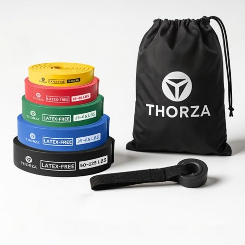 THORZA Full Body Workout Set - TPE Material Power Exercise Bands Without Latex, 7-Piece Complete Resistance Bands Set for Working Out, 5 Resistance Levels, 1 Bag & 1 Door Anchor