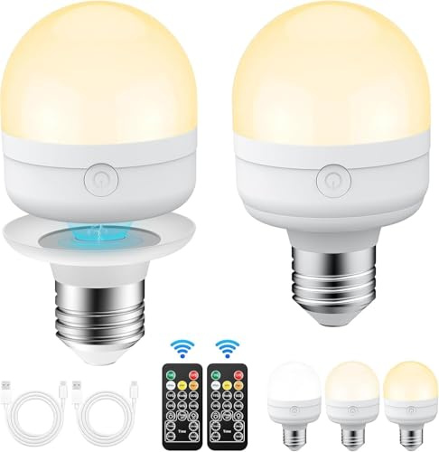 OHFAMO Bombilla LED Magnética Recargable 2 Unidades E27/E26 - Bombilla Inalámbrica con 3 Temperaturas de Color Regulable Control Remoto Temporizador USB-C Luz Portátil para Dormitorio Camping