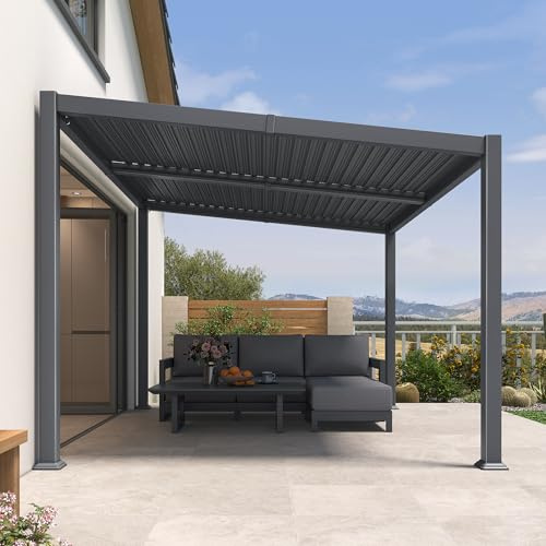PURPLE LEAF Pergola Bioclimatique Adossée 3 x 3,65 m Alu Orientable Gris | Toit incliné, Pergola adossée, Drainage efficace, Prolonge la durée de vie, Réglage facile, Sans entretien, Piscine