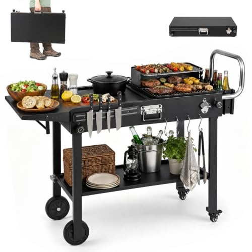 KOMFOTTEU Carrito de Barbacoa Exterior con Bandeja Lateral Plegable