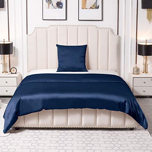 THXSILK Bettwäsche mit Kissenbezug Seide 25 Momme, Bettbezug 135 x 200 cm und 80 x 80 cm Kissenbezug, Hypoallergen Maulbeerseide Bettwäsche Set, Ultra Weich und Glatt, Marineblau