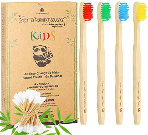 BAMBOOGALOO Kids Bambus Zahnbürsten | Bio & Umweltfreundlich | 4er Pack mit kostenlosen Bambus Wattestäbchen | Kinderzahnbürste aus Naturholz | Weiche BPA-freie Borsten | Biologisch abbaubare Box