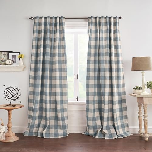 Elrene Home Fashions Farmhouse Living Grainger Buffalo-Check Blackout Window Curtain, Living Room and Bedroom Drape with Rod Pocket Tabs, 52 x 95, Chambray, 1 Panel