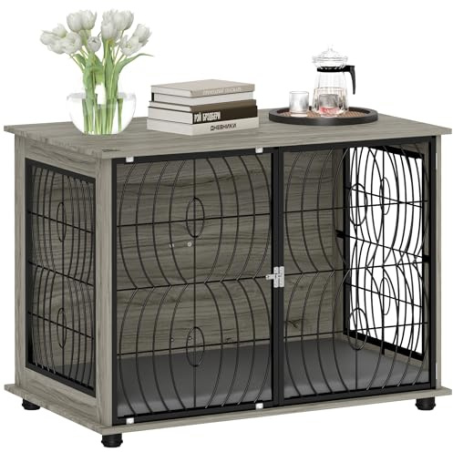 PawHut Hundekäfig Möbel 100cm Hundebox für Zuhause 100 x 60 x 73,5 cm Grau | Moderne Hundehütte, mit Kissen, Fenster, Abschließbar Hundehaus, für Große Hunde bis zu 30kg