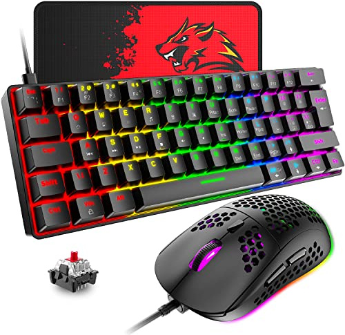 T60 Mini 60% Mechanische Tastatur-Maus-Sets, Kompakt 62 Tasten, Typ C Wired, 19 Hintergrundbeleuchtung Gaming-Tastatur + 6400 DPI RGB Maus + Mauspad, UK Layout für PC,Laptop - Schwarz/Rot Schalter