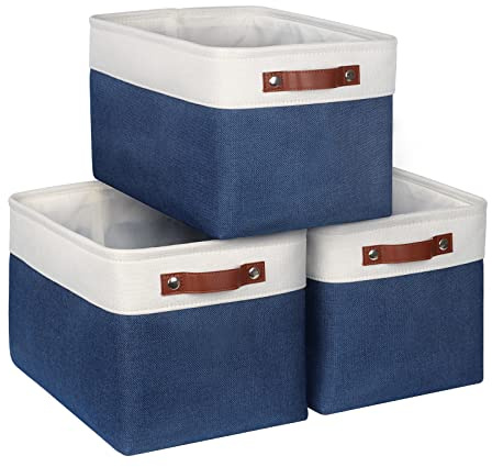 Syeeiex Fabric Storage Basket [3-Pack], Large Baskets with Leather Handles | Storage Boxes for Shelves, Foldable Baskets for Organizing Toys, Clothes, Office 15 Inch Storage Organizer (White/Blue)