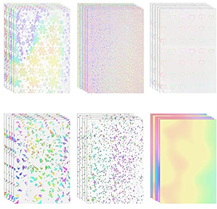 Gearific 30 Sheets Transparent Holographic Overlay Lamination Glitter Vinyl Sticker Paper A4 Size Self Adhesive Permanent Vinyl Sheets (6 Patterns)