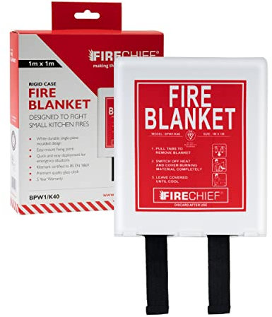 Firechief Kitemarked Fire Blanket 1m x 1m, Rigid Case, White – Small Emergency Fire Blanket for Home, Kitchen, Garage - Kitemark Certified to BS EN 1869 - BPW1/K40 Model