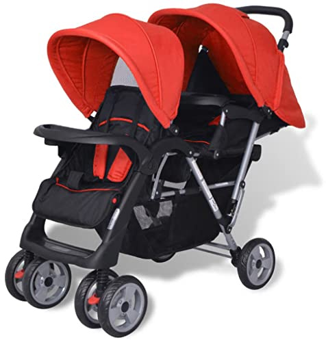 Susany Plegable Silla gemelar para Gemelos y Hermanos Carrito Gemelar Silla de Paseo Cochecito de Bebé Capacidad de Peso 15kg Cada Acero y Tela Oxford Rojo y Negro 118x41x108cm