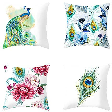 AKIS Home Kissenbezug 45x45cm 4er-Set Klassische Pfau und Pfauenfeder-Muster Kissenbezüge für Sofakissen Wohndeko…