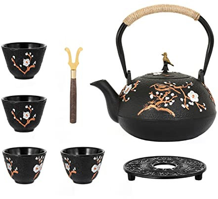 Dyna-Living Cast Iron Teapot, 1200ml Japanese Tetsubin Tea Kettle with Infuser, Glossy Enamel Inside, Plum Flower Teapot Set with Tea Cups,Holder, Home Health Iron Pot for Stovetop
