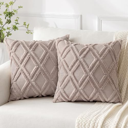 MIULEE 2er Set Kissenbezug 40×40cm Besticktes Quadratmuster Sand | Polyester Plüsch Weich Kuschelig Pflegeleicht Dekorativ für Sofa Wohnzimmer Schlafzimmer Gästezimmer Balkon und Terrasse