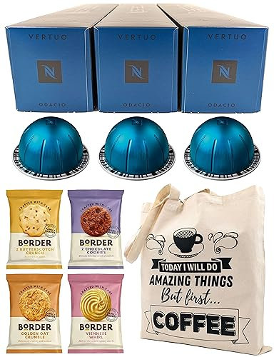 Coffee Pod Multipack for Nespresso Vertuo Machine - Odacio Coffee Capsules - 3 Boxes (30 Pods) with Border Biscuits and Reusable Tote Bag
