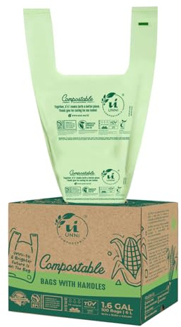 UNNI Compostable T-Shirt Bags with Tie Handles, 1.6 Gallon / 6 Liter, 100 Count, 0.64 mil Small Kitchen Caddy Liners, Certified by BPI, CMA & OK compost HOME, Meets ASTM D6400