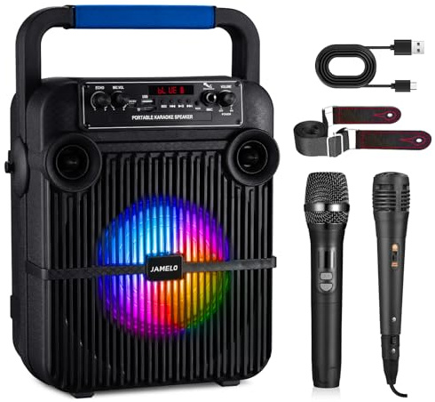 Máquina de Karaoke JAMELO con 2 micrófonos, Altavoz de Karaoke Bluetooth portátil con Correa para el Hombro y luz RGB, Sistema de Karaoke Profesional para conferencias de Karaoke en el hogar