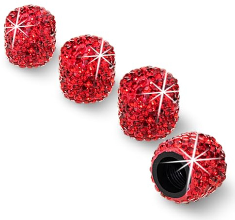 HZJD Tire Valve Stem Caps, Handmade Crystal Rhinestone, Red(4 Pack)