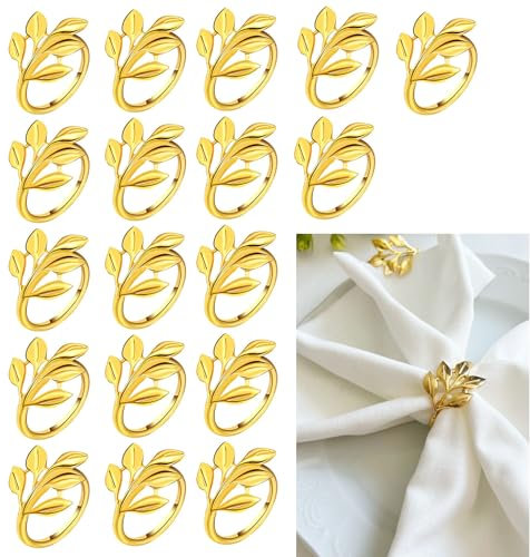 Weigudoc 20 pièces Rond de Serviette en Métal, Porte-Serviettes Forme de Feuille, Anneau Serviette de Table pour Mariage Anniversaire Banquet Dîner de Noël Décoration de Table (Or)