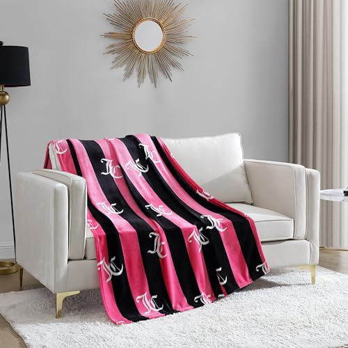 Juicy Couture Cabana Flauschige Überwurfdecke aus Mikrofaser, gestreift, 127 x 178 cm, Hot Pink gestreift, luxuriöse Mikrofaser-Plüschdecke für ultimativen Komfort und gemütliche Wärme